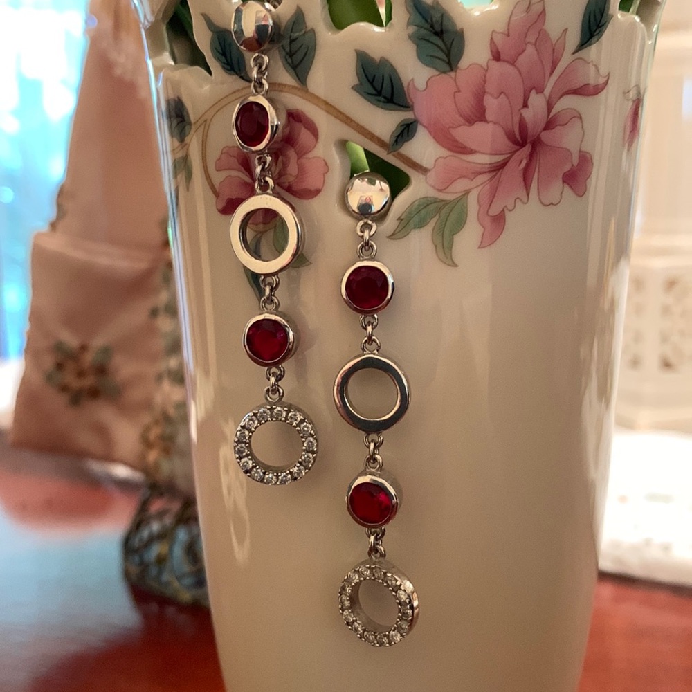 Swarovski silver tone long dangling drop earrings with ruby crystal